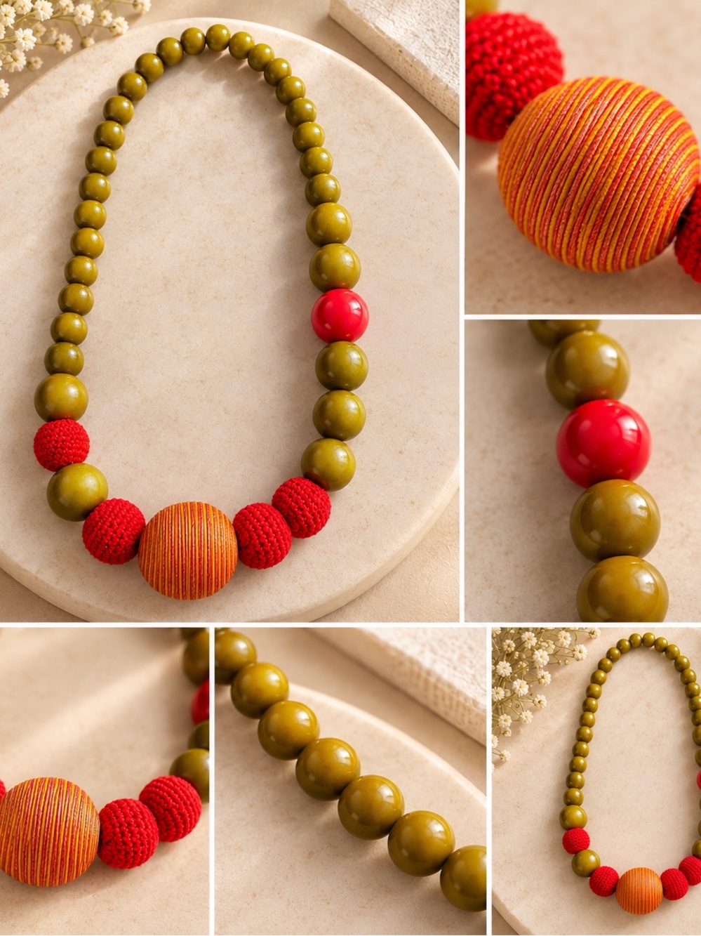 Olive Green, Red & Orange Beaded Statement Necklace